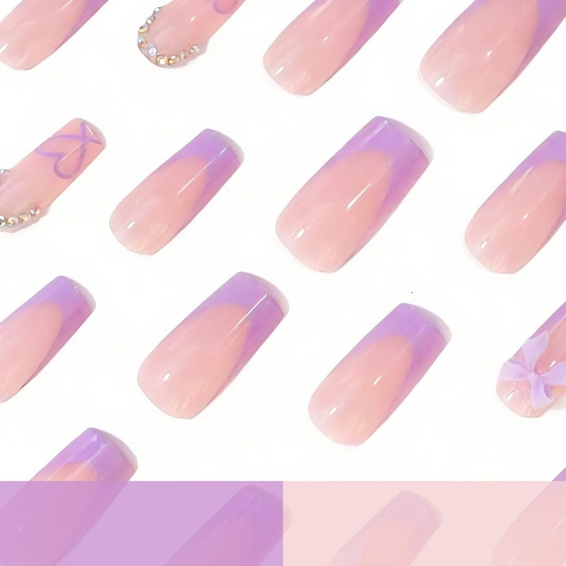 CTTHNBD Medium Press on Nails Coffin - Purple French Tip Fake Nails with Bow Charms Design - Heart False Nails Press ons - for Women 24 Pcs - Image 4